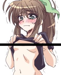 Rule 34 | 1girl, ahoge, bar censor, black shirt, blush, breasts, brown hair, censored, closed mouth, clothes lift, embarrassed, frown, fuuka reventon, hair ribbon, lifted by self, long hair, looking at viewer, lyrical nanoha, navel, ponytail, ribbon, san-pon, shirt, shirt lift, sidelocks, simple background, small breasts, solo, tearing up, tears, trembling, upper body, vivid strike!, white background