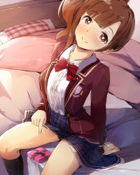 Rule 34 | 1girl, arched back, asymmetrical bangs, bed sheet, black panties, black socks, blanket, blazer, blue skirt, blush, bow, bowtie, box, bright pupils, brown eyes, brown hair, center frills, closed mouth, clothes lift, collared shirt, emblem, feet out of frame, frilled shirt, frills, gift, gift box, highres, idolmaster, idolmaster cinderella girls, igarashi kyoko, jacket, kneehighs, lifting own clothes, long hair, long sleeves, looking at viewer, on bed, open clothes, open jacket, panties, pillow, plaid, plaid bow, plaid bowtie, plaid skirt, pointing, pointing down, purple jacket, red bow, red bowtie, seneto, shirt, side ponytail, sitting, skirt, skirt lift, smile, socks, solo, underwear, upskirt, valentine, white shirt