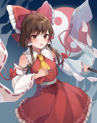 Rule 34 | 1girl, absurdres, ascot, bare shoulders, blush, bow, brown eyes, brown hair, commentary, detached sleeves, frilled skirt, frills, gohei, hair bow, hair tubes, hakurei reimu, highres, holding, holding gohei, japanese clothes, koizumo, long hair, nontraditional miko, open mouth, orb, red bow, red skirt, ribbon-trimmed sleeves, ribbon trim, sidelocks, skirt, solo, touhou, white sleeves, wide sleeves, yellow ascot, yin yang, yin yang orb