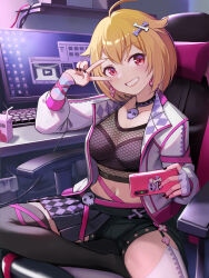 Rule 34 | 1girl, ahoge, black shorts, blonde hair, breasts, cellphone, collarbone, computer, holding, holding phone, ibuki tsubasa, idolmaster, idolmaster million live!, jacket, keyboard (computer), looking at viewer, medium breasts, monitor, navel, open clothes, open jacket, phone, red eyes, short hair, short shorts, shorts, smartphone, smile, solo, tuna picture, v over eye