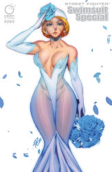 Rule 34 | 1girl, 2020, alternate hair length, alternate hairstyle, blonde hair, blue eyes, blue eyeshadow, blue flower, blue rose, bouquet, braid, breasts, cammy white, choker, cleavage, commentary, cover, cover page, cowboy shot, crown braid, curvy, dress, earrings, elbow gloves, english commentary, eyeshadow, facial scar, flower, gloves, hat, hat flower, holding, holding bouquet, impossible clothes, impossible dress, jewelry, lightning bolt earrings, lightning bolt symbol, makeup, medium breasts, no bra, no panties, petals, pink lips, plunging neckline, revealing clothes, robaato, rose, salute, scar, scar on cheek, scar on face, see-through, short hair, solo, strapless, strapless dress, street fighter, striped clothes, striped dress, udon entertainment, updo, veil, vertical-striped clothes, vertical-striped dress, wedding dress, white choker, white dress, white gloves