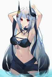 Rule 34 | 1girl, arknights, armpits, arms up, bikini, black bikini, black hair, breasts, cleavage, closed mouth, collar, collarbone, cowboy shot, flower, gradient hair, hair flower, hair ornament, highres, horns, infection monitor (arknights), jewelry, kokao358, long hair, looking at viewer, medium breasts, mudrock (arknights), mudrock (silent night) (arknights), multicolored hair, navel, necklace, official alternate costume, pointy ears, red eyes, silver hair, simple background, solo, stomach, swimsuit, very long hair, wading, water, white background, yellow flower