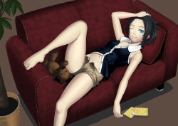 Rule 34 | 1girl, bare legs, barefoot, black hair, blue eyes, book, collared shirt, couch, feet, female focus, indoors, k+, leg lift, looking at viewer, lying, midriff, navel, on back, one eye closed, original, patterned upholstery, plaid, plant, potted plant, red upholstery, shirt, short hair, short shorts, shorts, sleeveless, solo, stuffed animal, stuffed toy, teddy bear, thighs, toes, unzipped, wink