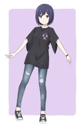 Rule 34 | 1girl, black footwear, black shirt, blue hair, blue pants, closed mouth, commentary request, denim, full body, highres, jeans, mole, mole under eye, nijisanji, oversized clothes, oversized shirt, oyama natsuki, pants, shirt, shizuka rin, shoes, short hair, short sleeves, smile, sneakers, solo, standing, t-shirt, torn clothes, torn pants, virtual youtuber, wide sleeves, yellow eyes