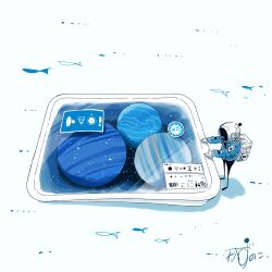 Rule 34 | 1other, astronaut, backpack, bag, blue theme, box, fish, from above, from side, frozen, helmet, highres, kazunoko (kazunoko zunoco), mini person, original, outstretched arms, planet, radio antenna, signature, simple background, solo, space, space helmet, standing, surreal