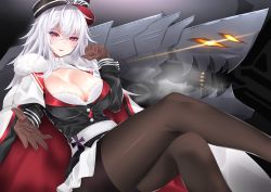 Rule 34 | 1girl, absurdres, azur lane, black background, black hat, black pantyhose, bra, breasts, brown gloves, cleavage, coat, collared shirt, cross, crossed legs, fur trim, gloves, graf zeppelin (azur lane), hair between eyes, hat, highres, huge filesize, iron cross, jacket, jacket on shoulders, lace, lace-trimmed bra, lace trim, large breasts, long hair, long sleeves, looking at viewer, military, military hat, military uniform, miniskirt, outstretched hand, pantyhose, parted lips, purple eyes, shirt, silver hair, simple background, sitting, skirt, solo, surota, underwear, uniform, white bra