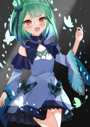 Rule 34 | 1girl, :d, absurdres, animal print, blue dress, blue hair, blue sleeves, blush, bow, brooch, butterfly print, cowboy shot, detached collar, detached sleeves, double bun, dress, dress bow, fingernails, gradient hair, green hair, hair bun, hair ornament, hair ribbon, highres, hololive, jewelry, juliet sleeves, long sleeves, looking at viewer, multicolored hair, nail polish, open mouth, puffy sleeves, red eyes, ribbon, short dress, short hair, sidelocks, skull hair ornament, smile, solo, strapless, strapless dress, uruha rushia, uruha rushia (1st costume), ute (perouthi), virtual youtuber, wide sleeves