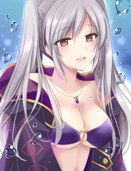 Rule 34 | 1girl, bikini, breasts, brown eyes, cleavage, collarbone, fire emblem, fire emblem awakening, fire emblem heroes, grey hair, highres, hood, hood down, hooded robe, jewelry, kirishima riona, long hair, medium breasts, mixed-language commentary, necklace, nintendo, o-ring, o-ring bikini, off shoulder, official alternate costume, open clothes, open mouth, open robe, purple bikini, robe, robin (female) (fire emblem), robin (fire emblem), smile, solo, swimsuit, twintails, upper body