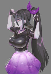 Rule 34 | 1girl, arms up, artist name, black hair, blue skin, breasts, chamame, clenched hands, closed mouth, colored skin, cowboy shot, fingerless gloves, gloves, grey background, hair between eyes, hair ornament, hair ribbon, highres, idol, jacket, jewelry, large breasts, leather, leather jacket, long hair, midriff peek, necklace, o-ring, ponytail, purple skirt, red eyes, ribbon, shiny clothes, sidelocks, simple background, skirt, solo, standing, very long hair, yamada tae, zipper, zombie, zombie land saga