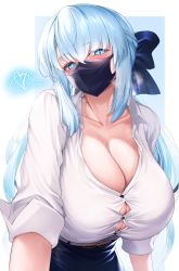 Rule 34 | 1girl, blue eyes, blue hair, blush, breasts, cleavage, collarbone, eyebrows, fate/grand order, fate (series), heart, highres, hirasawa seiji, huge breasts, leaning forward, looking at viewer, mask, morgan le fay (chaldea satellite station) (fate), morgan le fay (fate), mouth mask, office lady, sleeves rolled up, steam, steaming body, sweat, sweatdrop, undersized clothes, upper body