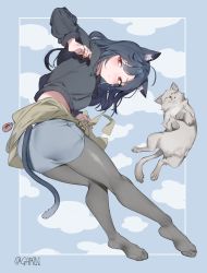 Rule 34 | 1girl, absurdres, ahoge, animal ear fluff, animal ears, black hair, black pantyhose, cat, cat ears, cat girl, cat tail, clothes around waist, garin, highres, long sleeves, looking at viewer, nail polish, no shoes, original, pantyhose, pencil skirt, red eyes, red nails, skirt, solo, tail, twitter username