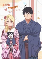 Rule 34 | 1boy, 1girl, 2020, alternate hairstyle, animal, black eyes, black hair, black hayate, blonde hair, closed mouth, clothed animal, cowboy shot, crossed arms, earrings, floral print, flower, fullmetal alchemist, furisode, hair flower, hair ornament, hair over shoulder, hair ribbon, hands in opposite sleeves, happy new year, highres, holding, holding animal, japanese clothes, jewelry, kimono, long hair, long sleeves, looking at viewer, low ponytail, mikazuki eru, new year, obi, pink kimono, red eyes, ribbon, riza hawkeye, roy mustang, sash, side-by-side, side ponytail, smile, tongue, tongue out