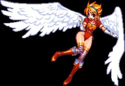 Rule 34 | 1girl, angel wings, armor, blonde hair, blue eyes, boots, breastplate, breath of fire, breath of fire i, capcom, elbow gloves, flying, gloves, hairband, knee boots, legs, leotard, long legs, lowres, nina (breath of fire i), pixel art, solo, thighhighs, thighs, transparent background, white wings, wide hips, wings