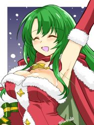 Rule 34 | 1girl, arm up, armpits, breasts, cecilia (fire emblem), cecilia (winter) (fire emblem), cleavage, closed eyes, commentary request, elbow gloves, fire emblem, fire emblem: the binding blade, fire emblem heroes, fur trim, gloves, green hair, large breasts, long hair, nintendo, open mouth, red gloves, santa costume, solo, twitter username, upper body, yukia (firstaid0)