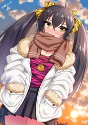 Rule 34 | 1girl, animal print, black hair, black skirt, blue sky, blush, breasts, brown neckwear, camisole, cleavage, dated, day, eyelashes, fur-trimmed jacket, fur trim, hair between eyes, hair ribbon, hands in pockets, highres, hip focus, idolmaster, idolmaster cinderella girls, jacket, jewelry, long hair, looking at viewer, matoba risa, necklace, open clothes, open jacket, open mouth, pendant, pink camisole, pleated skirt, print ribbon, ribbon, scarf, skirt, sky, small breasts, solo, tiger stripes, twintails, white jacket, yellow eyes, yellow ribbon, yoohi