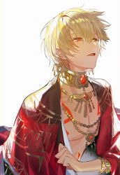 Rule 34 | 1boy, blonde hair, bracelet, earrings, fate/extella, fate/extella link, fate/extra, fate/extra ccc, fate/grand order, fate/hollow ataraxia, fate/stay night, fate/strange fake, fate/zero, fate (series), gilgamesh (fate), gilgamesh (sumerian garb) (fate), highres, jewelry, k7 (kk7 000), long sleeves, looking away, looking up, male focus, necklace, official alternate costume, open mouth, red eyes, short hair, simple background, solo, tattoo, toned, upper body, white background