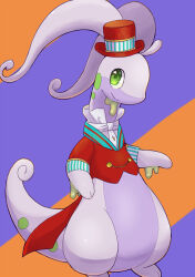 Rule 34 | animal, animal focus, bottomless, buttons, closed mouth, clothed animal, clothed pokemon, collared shirt, creatures (company), crop top, cropped jacket, full body, game freak, gen 6 pokemon, goodra, goodra (performer), green eyes, happy, hat, highres, jacket, looking to the side, mochizuki reiji, nintendo, no humans, orange background, pokemon, pokemon (creature), pokemon unite, purple background, red hat, red jacket, shirt, short sleeves, sideways mouth, simple background, slime (substance), smile, solo, split mouth, standing, tailcoat, top hat, two-tone background, white shirt