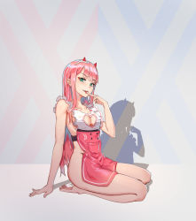 Rule 34 | 10s, 1girl, absurdres, apron, ass, bare legs, barefoot, breasts, cleavage, cleavage cutout, clothing cutout, darling in the franxx, eyeshadow, fang, female focus, finger to mouth, finger to tongue, full body, green eyes, hairband, heart cutout, highres, horns, long hair, looking at viewer, makeup, medium breasts, naked apron, no bra, no pants, pink hair, red horns, seiza, shadow, sitting, solo, tongue, very long hair, white hairband, wind gone rain cease, zero two (darling in the franxx)