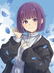 Rule 34 | 1girl, absurdres, alternate hair length, alternate hairstyle, black robe, blue petals, blue sky, bright pupils, closed mouth, cloud, commentary request, dress, ene mizunoawa, falling petals, fern (sousou no frieren), hands up, highres, long sleeves, looking at viewer, petals, purple eyes, purple hair, robe, short hair, sky, smile, solo, sousou no frieren, upper body, white dress