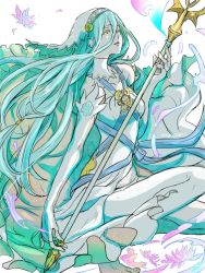 Rule 34 | 1girl, azura (fire emblem), bad id, bad twitter id, blue hair, dress, elbow gloves, fire emblem, fire emblem fates, gloves, highres, holding, long hair, looking at viewer, nintendo, simple background, solo, staff, thighhighs, torisudesu, very long hair, water, white background, yellow eyes