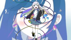 Rule 34 | 1girl, black footwear, black jacket, blue eyes, blue skirt, buttons, cable, character request, check character, check copyright, collared shirt, commentary request, copyright request, floating hair, foot out of frame, grey hair, grey socks, hand up, highres, holding, holding microphone, jacket, lapels, long hair, long sleeves, looking at viewer, machigami yoh, microphone, miniskirt, multicolored hair, notched lapels, open clothes, open jacket, open mouth, original, plaid, plaid skirt, pleated skirt, ribbed socks, shirt, shoes, skirt, smile, socks, solo, standing, standing on one leg, swept bangs, white shirt, zoom layer