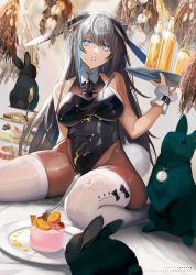 Rule 34 | 1girl, animal ears, blue eyes, rabbit, cake, commentary request, fake animal ears, food, grey hair, highres, holding, holding plate, leotard, long hair, looking at viewer, navel, nishikikope, open mouth, original, panties, pantyhose, plate, playboy bunny, rabbit ears, sitting, spill, string panties, thighhighs, thighhighs over pantyhose, underwear, wariza, wet, wrist cuffs