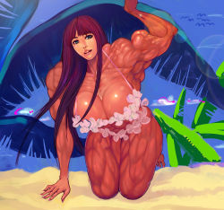 Rule 34 | beach, biceps, breasts, extreme muscles, huge breasts, large breasts, long hair, muscular, sainticon, sand