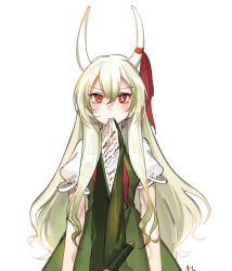 Rule 34 | 1girl, blush, dress, eating, ex-keine, green dress, green hair, highres, horn ornament, horn ribbon, horns, kamishirasawa keine, long hair, mouth hold, multicolored hair, neckerchief, red eyes, red neckerchief, red ribbon, ribbon, scroll, short sleeves, signature, simple background, solo, tis (shan0x0shan), too literal, touhou, two-tone hair, white background