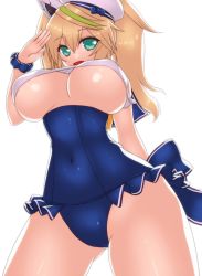 Rule 34 | 1girl, :d, aqua eyes, asamura hiori, beret, blonde hair, blue one-piece swimsuit, blush, breasts, covered navel, fang, from below, gene (pso2), gluteal fold, hat, highres, large breasts, long hair, looking at viewer, one-piece swimsuit, open mouth, phantasy star, phantasy star online 2, salute, scrunchie, simple background, smile, solo, standing, swimsuit, thighs, twintails, underboob, white background, white hat, wrist scrunchie
