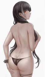 Rule 34 | 1girl, ass, back, bare back, bare shoulders, black hair, black panties, blush, breasts, butt crack, closed mouth, from behind, girls&#039; frontline, hand on own ass, highres, holding breath, long hair, looking at viewer, looking back, medium breasts, multicolored hair, no bra, panties, red eyes, ro635 (girls&#039; frontline), selcky, sideboob, sidelocks, skindentation, solo, standing, streaked hair, topless, underwear, very long hair, white background