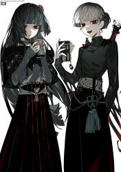 Rule 34 | 2girls, absurdres, alternate costume, black eyes, black hair, black shirt, black skirt, coffee, coffee cup, cup, disembodied hand, disposable cup, eeju, fate/grand order, fate (series), flower, ghost hands, gradient hair, grey hair, hair flower, hair ornament, highres, holding, holding cup, holding wallet, komahime (fate), long hair, long skirt, looking at viewer, multicolored hair, multiple girls, nail polish, red nails, sen no rikyu (fate), shirt, simple background, skirt, wallet, white background, women&#039;s wallet