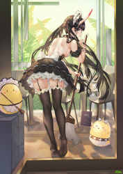 Rule 34 | &gt; &lt;, 1girl, apron, atdan, azur lane, back, backless dress, backless outfit, black dress, black hair, black thighhighs, blunt bangs, blush stickers, bow, bracelet, breasts, chair, closed eyes, day, detached collar, detached sleeves, dress, frilled dress, frills, garter straps, heart, highres, holding, holding mop, horns, indoors, jewelry, long hair, maid headdress, manjuu (azur lane), medium breasts, menu, mop, no shoes, noshiro (azur lane), official alternate costume, puffy short sleeves, puffy sleeves, restaurant, short sleeves, sideboob, skin-covered horns, soles, solo focus, table, thighhighs, very long hair, waist apron, white apron, white bow