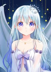 Rule 34 | 1girl, :o, blue background, blue hair, blush, bow, breasts, cleavage, commentary, crescent, crescent necklace, crown, detached sleeves, hair between eyes, highres, jewelry, light blue hair, lingerie, long hair, looking at viewer, necklace, original, purple bow, purple eyes, solo, symbol-only commentary, tiramisu651, underwear, wings