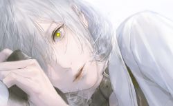 Rule 34 | 1girl, absurdres, black collar, collar, cropped, eyelashes, grey background, grey eyes, grey hair, hair over one eye, highres, looking at viewer, lying, matsuo shogo, medium hair, on side, original, parted lips, pink lips, simple background, solo, teeth, yellow pupils