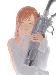 Rule 34 | 1girl, absurdres, closed eyes, closed mouth, commentary request, dress, final fantasy, final fantasy xiv, hair ribbon, highres, hyur, long hair, hugging object, orange hair, pink ribbon, ribbon, ryne waters, simple background, solo, upper body, wanupani (k), white background, white dress