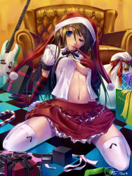 Rule 34 | 10s, 1girl, 2010, arm support, bad id, bad pixiv id, bass guitar, bell, black ribbon, blue eyes, bow, box, breasts, brown hair, candy, candy cane, checkered floor, cleavage, couch, cube, elbow gloves, floor, food, frilled skirt, frills, gift, gift bag, gift box, gloves, gradient hair, hat, highres, indoors, instrument, linea alba, long hair, looking at viewer, medium breasts, mouth hold, multicolored hair, naughty face, navel, neck ribbon, no bra, no shoes, on floor, one eye closed, open clothes, open shirt, original, partially unbuttoned, petticoat, pleated skirt, red gloves, red skirt, ribbon, sack, santa hat, shirt, short sleeves, shounen democratica, signature, sitting, skindentation, skirt, solo, striped, thighhighs, tufted upholstery, unbuttoned, underboob, undressing, wariza, white shirt, white thighhighs, wink
