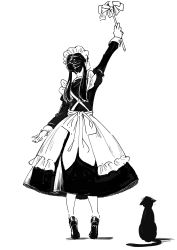Rule 34 | 1girl, absurdres, animal, apron, arm up, bad id, bad pixiv id, blush, cat, dress, duster, frilled apron, frills, from below, full body, greyscale, highres, holding, holding duster, juliet sleeves, long hair, long sleeves, looking away, low twintails, maid, maid apron, maid headdress, monochrome, original, outstretched arm, pantyhose, puffy sleeves, reaching, shadow, shii (kairi-t-k0317), shoes, soles, solo, standing, tiptoes, twintails, white background