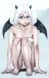 Rule 34 | 1girl, absurdres, arm support, barefoot, black-framed eyewear, black nails, black wings, bra, breasts, closed mouth, collarbone, demon girl, demon horns, demon wings, feet, freckles, full body, glasses, highres, horns, inamitsu shinji, knees up, lips, mole, nail polish, original, paid reward available, panties, paid reward available, round eyewear, short hair, small breasts, solo, squatting, toenail polish, toenails, underwear, underwear only, white bra, white hair, white panties, wings