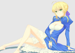 Rule 34 | 1girl, ahoge, arm support, artoria pendragon (fate), barefoot, blonde hair, breasts, ckros-15, cleavage, cleavage cutout, clothing cutout, dress, fate/stay night, fate (series), female focus, green eyes, hair ribbon, long sleeves, looking at viewer, ribbon, saber (fate), sitting, solo