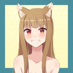 Rule 34 | 1girl, animal ear fluff, animal ears, aqua border, bare shoulders, blunt bangs, blush, border, bright pupils, brown hair, close-up, collarbone, commentary, eyelashes, fangs, grin, happy, holo, long hair, looking at viewer, red eyes, sidelocks, simple background, smile, solo, spice and wolf, straight hair, tsurime, umibato, wolf ears, wolf girl, yellow background