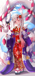Rule 34 | 1girl, absurdres, dragon, highres, hololive, horns, japanese clothes, kimono, long hair, looking at viewer, nakiri ayame, one eye closed, skin-covered horns, smile, solo, standing, terra bose, virtual youtuber, white hair