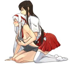 Rule 34 | akagi (kancolle), backless dress, backless outfit, bare back, bare shoulders, blush, breasts, dress, hand under clothes, japanese clothes, kantai collection, long hair, meme attire, multiple girls, naked sweater, ribbed sweater, sen (alshy379), shoukaku (kancolle), sideboob, straight hair, sweater, sweater dress, thighhighs, turtleneck, turtleneck sweater, virgin killer sweater, yuri