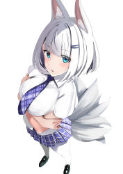 Rule 34 | 1girl, alternate costume, animal ear fluff, animal ears, azur lane, black footwear, blue eyes, blue necktie, blue skirt, bob cut, breasts, buttons, collared shirt, commentary, crossed arms, dutch angle, eyes visible through hair, fox ears, fox tail, from above, kaga (azur lane), kitsune, kyuubi, large breasts, loafers, looking at viewer, looking up, multiple tails, necktie, pantyhose, plaid, plaid skirt, pleated skirt, school uniform, schreibe shura, shirt, shoes, short hair, short sleeves, simple background, skirt, solo, straight hair, tail, white background, white hair, white pantyhose