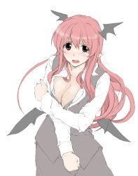 Rule 34 | 1girl, bat wings, blush, bra, breasts, cleavage, elf (stroll in the woods), female focus, head wings, highres, hmx99 elf, koakuma, large breasts, long hair, looking at viewer, low wings, open clothes, open mouth, open shirt, pointy ears, red eyes, red hair, shirt, simple background, skirt, solo, tears, touhou, underwear, vest, white background, wings