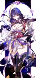 Rule 34 | 1girl, absurdres, black thighhighs, breasts, cleavage, cocoballking, commentary, feet out of frame, genshin impact, highres, japanese clothes, kimono, long hair, medium breasts, purple eyes, purple hair, purple kimono, raiden shogun, solo, standing, thighhighs, thighs