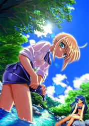 Rule 34 | 00s, 2girls, ahoge, alternate hair color, artoria pendragon (all), artoria pendragon (fate), blonde hair, blouse, blue hair, dutch angle, fate/stay night, fate (series), forest, lens flare, light rays, long legs, multiple girls, namonashi, nature, river, rock, saber (fate), shirt, sitting, sitting on rock, sleeves rolled up, stream, sunbeam, sunlight, tohsaka rin, tree, type-moon, wading, water, wet, wet clothes, wringing clothes