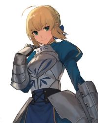 Rule 34 | 1girl, ahoge, arm at side, armor, armored dress, artoria pendragon (all), artoria pendragon (fate), blonde hair, breastplate, chorefuji, closed mouth, commentary request, fate/stay night, fate (series), gauntlets, green eyes, looking at viewer, looking down, puffy sleeves, saber (fate), short hair, simple background, smile, solo, white background