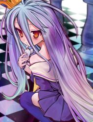 Rule 34 | 1girl, :&lt;, bare shoulders, blue hair, blush, board game, cellphone, chess, chess piece, crown, dress, gradient hair, highres, holding, holding phone, long hair, looking at viewer, multicolored hair, no game no life, off shoulder, orange eyes, phone, purple hair, shiro (no game no life), smartphone, solo, thighhighs, uee m, very long hair, zettai ryouiki