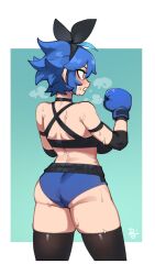 Rule 34 | 1girl, absurdres, ass, bare shoulders, black hairband, black ribbon, black thighhighs, blue background, blue hair, blue shorts, boxing gloves, breasts, commentary, cowboy shot, dif (difman), difman, english commentary, from behind, hair between eyes, hair ribbon, hairband, heavy breathing, highres, looking away, medium breasts, orange eyes, original, ribbon, short shorts, shorts, signature, solo, standing, sweat, thighhighs, two-tone background, white background