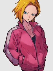 Rule 34 | 1girl, android 18, blonde hair, blue eyes, commentary request, dragon ball, dragon ball super, forehead, grey background, hands in pockets, jacket, kemachiku, long sleeves, looking at viewer, pink jacket, pocket, short hair, simple background, solo, track jacket